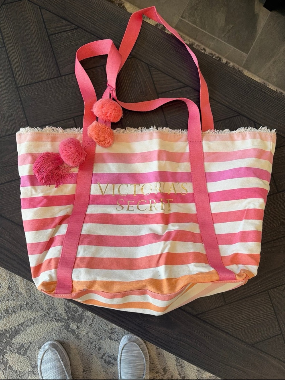 Victoria's Secret Y2K Pink Striped Tote Bag with Pom Poms
